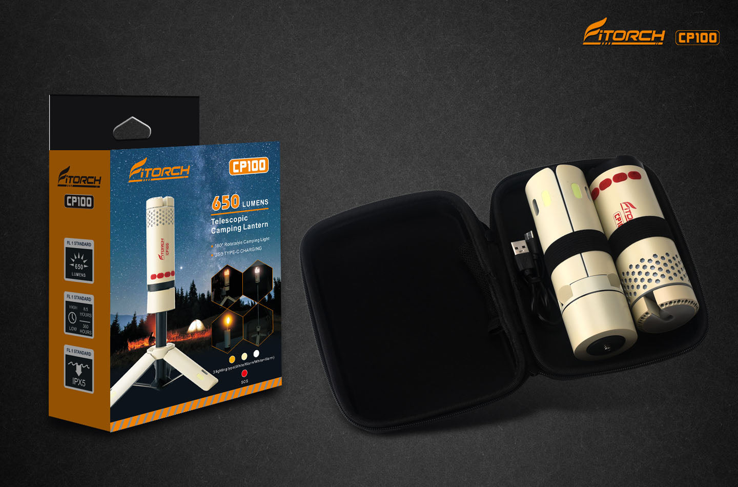 Fitorch CP100|伸縮式LEDキャンプランタン|8000mAhモバイルバッテリー内蔵・USB-C充電対応・高輝度650ルーメン・3色切替・無段階調光・マグネット付き・アウトドア多用途対応