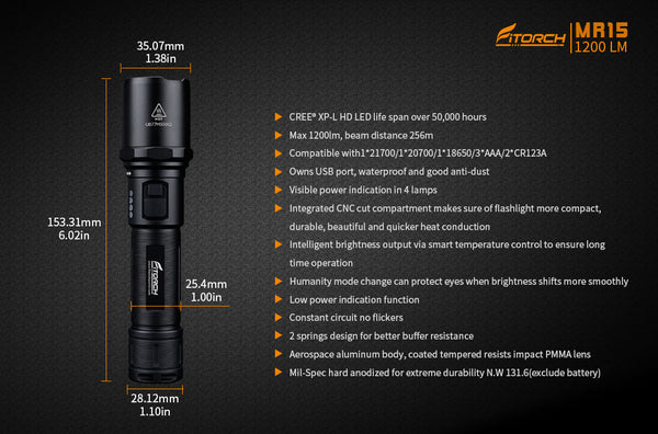 Fitorch MR15 RECHARGEABLE LED FLASHLIGHT XP-L LED フィトーチ 充電式LED懐中電灯 LEDフラッシュライト 1200ルーメン