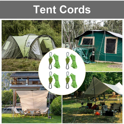 アウトドア調整式タープロープ｜金属プーリー付き耐風ロープ（ブラック／グリーン／オレンジ・各4m）