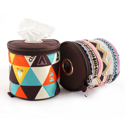 Outdoor Camping Folding Ethnic Style Tissue Box｜アウトドア エスニック調 ティッシュ収納バッグ（サーモンピンク＋ブルー／幾何学柄）
