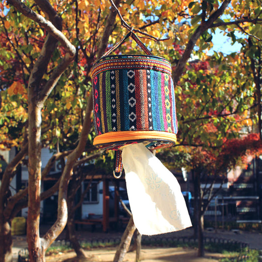 Outdoor Camping Folding Ethnic Style Tissue Box｜アウトドア エスニック調 ティッシュ収納バッグ（サーモンピンク＋ブルー／幾何学柄）