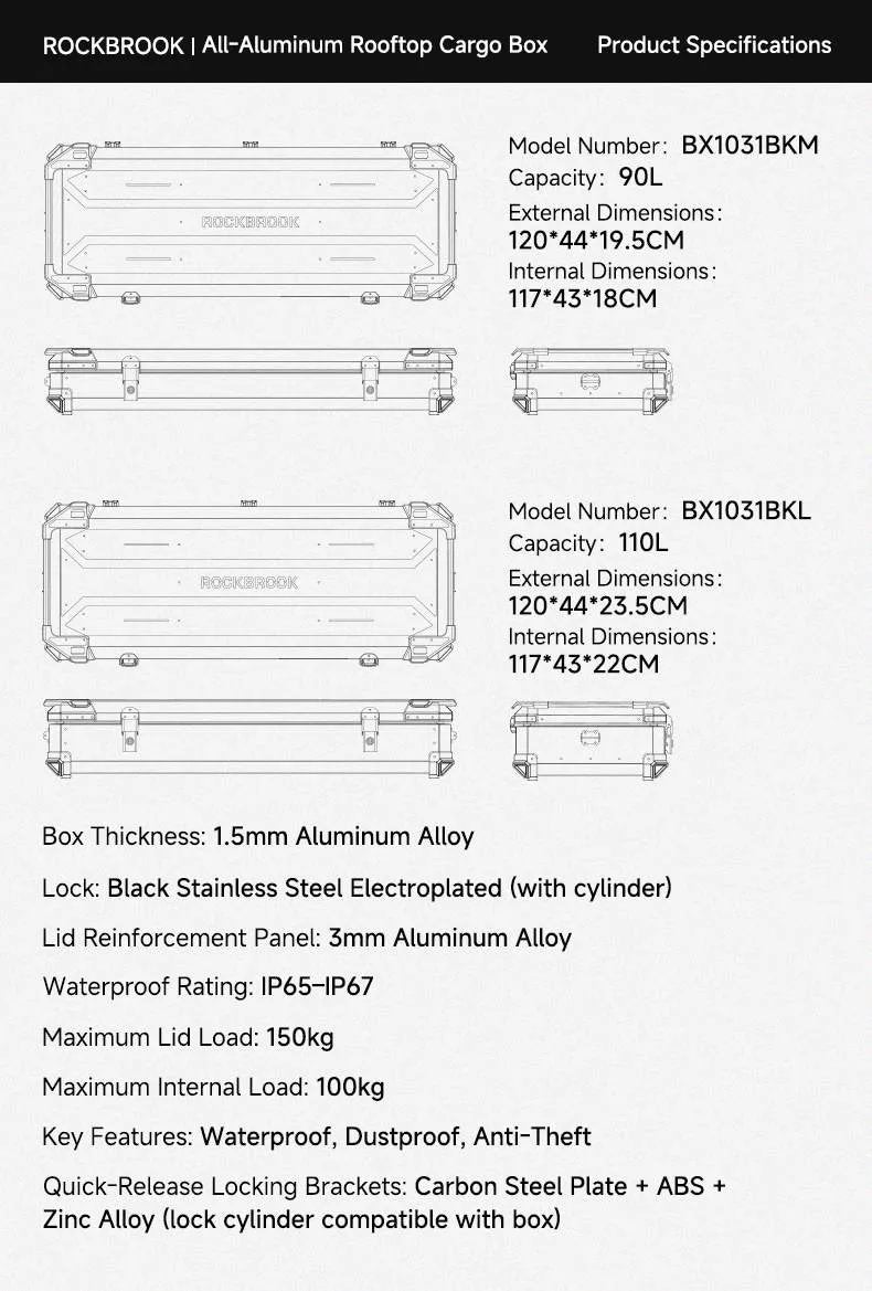 ROCKBROOK ロックブルック BX1031 アルミルーフボックス 90L / 110L 防水カーゴボックス クイックリリースブラケット付