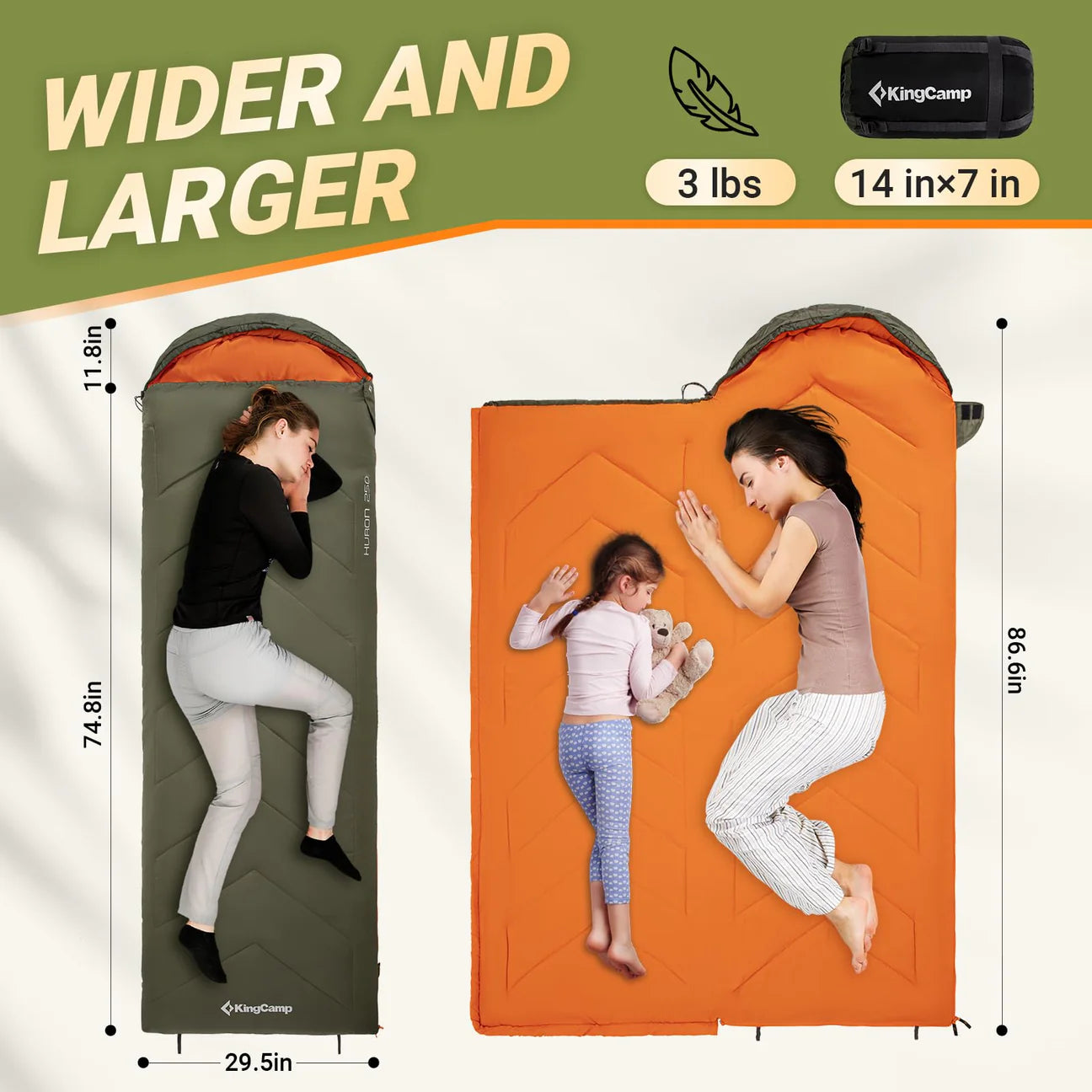 【KingCamp｜キングキャンプ】HURON 250｜フード付き封筒型寝袋｜軽量・撥水・3シーズン対応（グリーン）