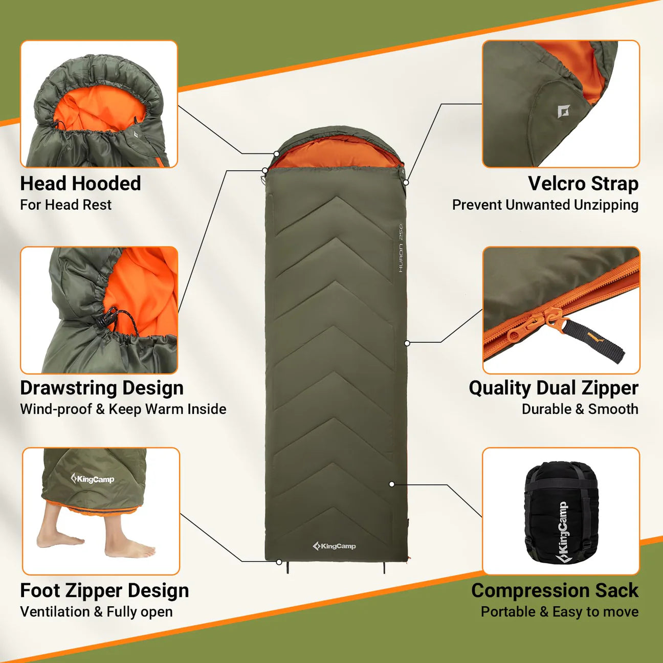 【KingCamp｜キングキャンプ】HURON 250｜フード付き封筒型寝袋｜軽量・撥水・3シーズン対応（グリーン）