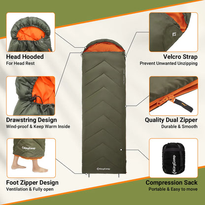 【KingCamp｜キングキャンプ】HURON 250｜フード付き封筒型寝袋｜軽量・撥水・3シーズン対応（グリーン）