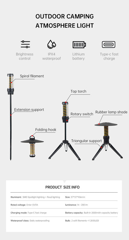 多機能キャンピングライト｜ポータブルLEDランタン＆懐中電灯（2000mAh充電式／三脚スタンド付き）