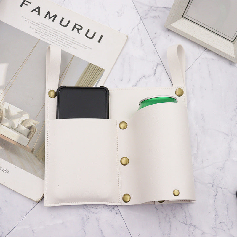 キャンプチェア用 レザー調サイド収納バッグ｜スマホ・ドリンクホルダー付き（グリーン／ホワイト／ブラック）