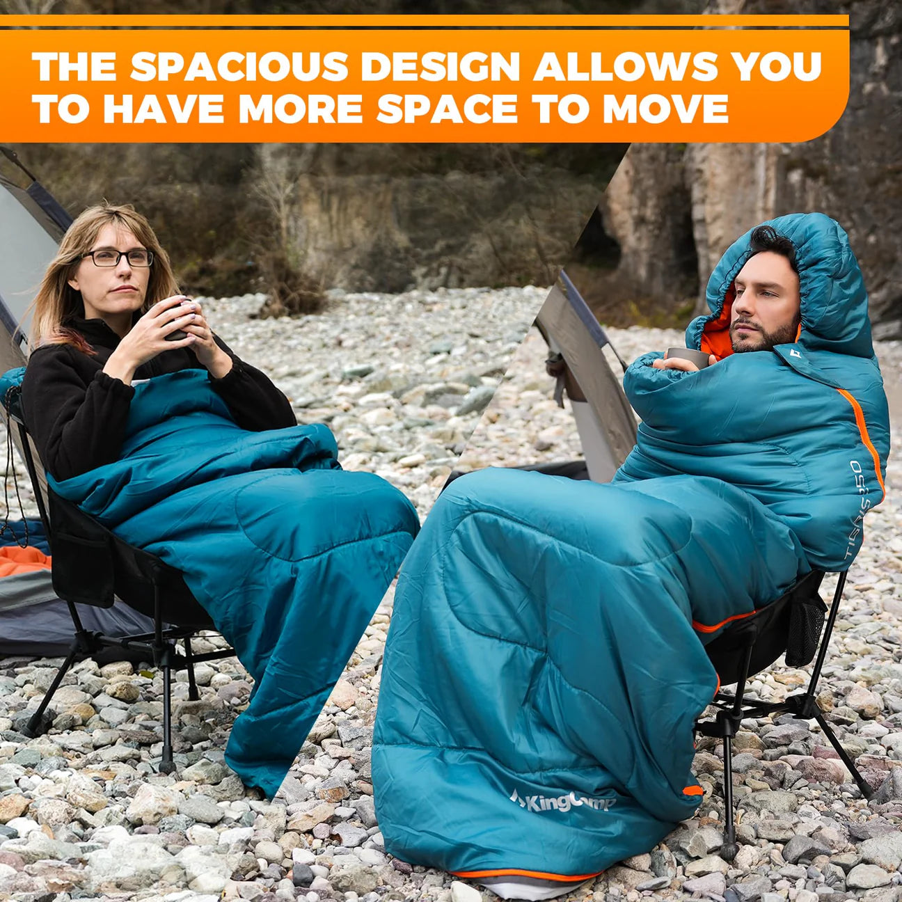 【KingCamp｜キングキャンプ】TIGRIS 250｜フード付き封筒型寝袋｜コントラストカラー・スタイリッシュモデル（ピーコックブルー）