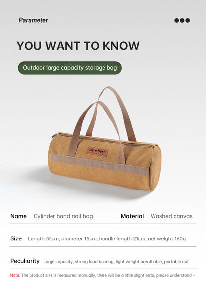 キャンプ用ペグ収納バッグ｜円筒型キャンバス製・大容量ツールバッグ（ブラウン）