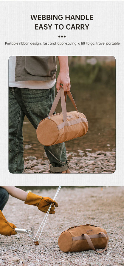 キャンプ用ペグ収納バッグ｜円筒型キャンバス製・大容量ツールバッグ（ブラウン）