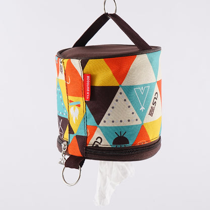 Outdoor Camping Folding Ethnic Style Tissue Box｜アウトドア エスニック調 ティッシュ収納バッグ（サーモンピンク＋ブルー／幾何学柄）