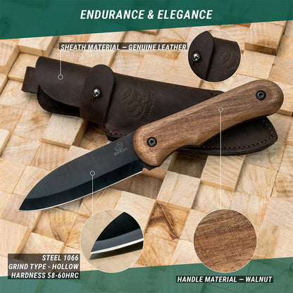 ビーバークラフト カーボンスチール ブッシュクラフトナイフ レザーシース付き ウォールナットハンドル Beaver Craft BSH5 Blued-Blade Bushcraft Knife