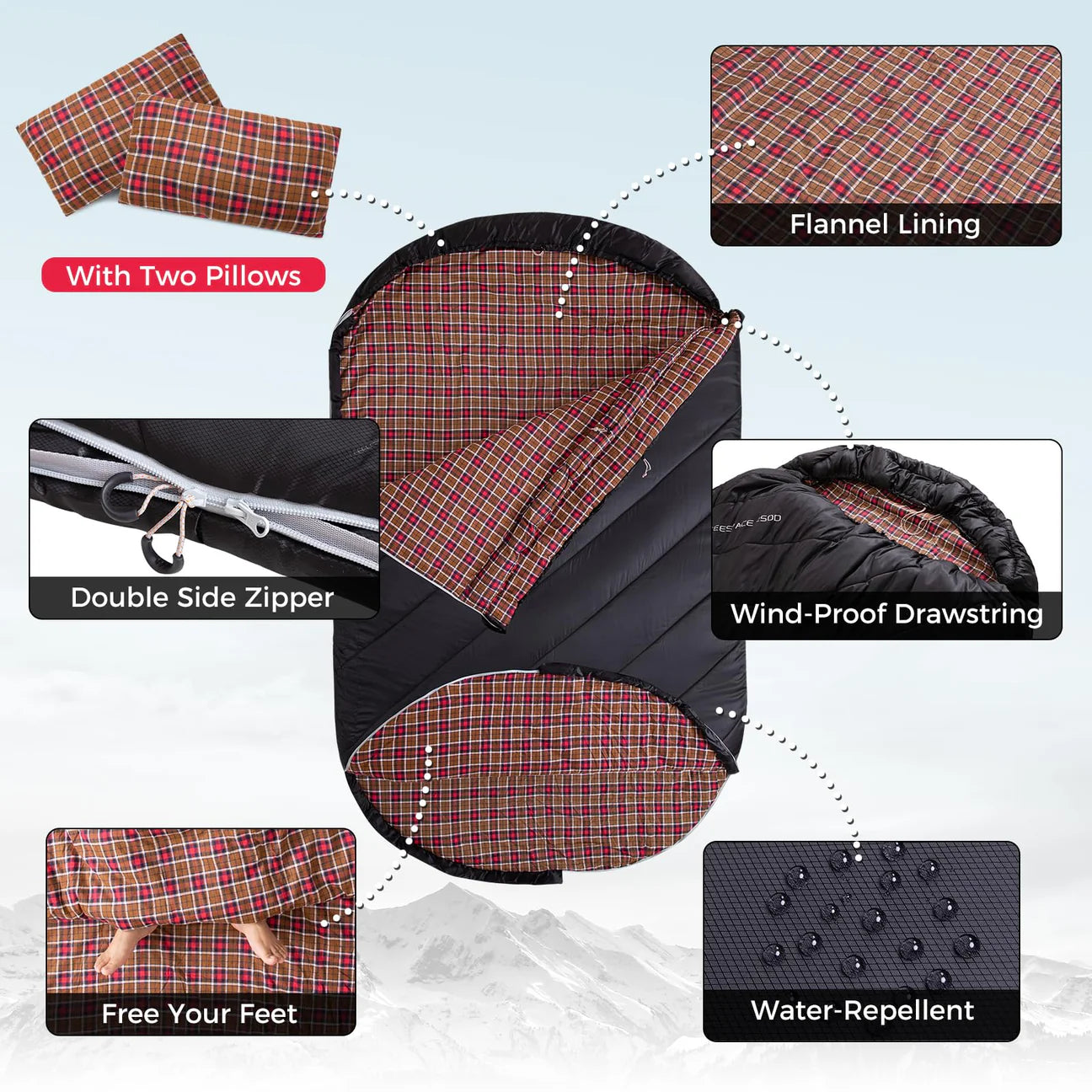 【KingCamp｜キングキャンプ】FREESPACE 250D｜ダブルサイズ封筒型寝袋｜フランネル裏地・ピロー付き・3シーズン対応（ブラック／オリーブ）