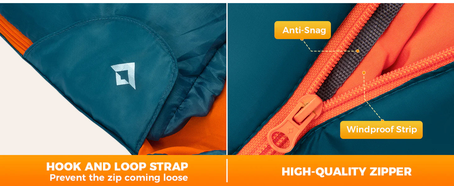 【KingCamp｜キングキャンプ】TIGRIS 250｜フード付き封筒型寝袋｜コントラストカラー・スタイリッシュモデル（ピーコックブルー）