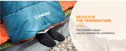 【KingCamp｜キングキャンプ】TIGRIS 250｜フード付き封筒型寝袋｜コントラストカラー・スタイリッシュモデル（ピーコックブルー）