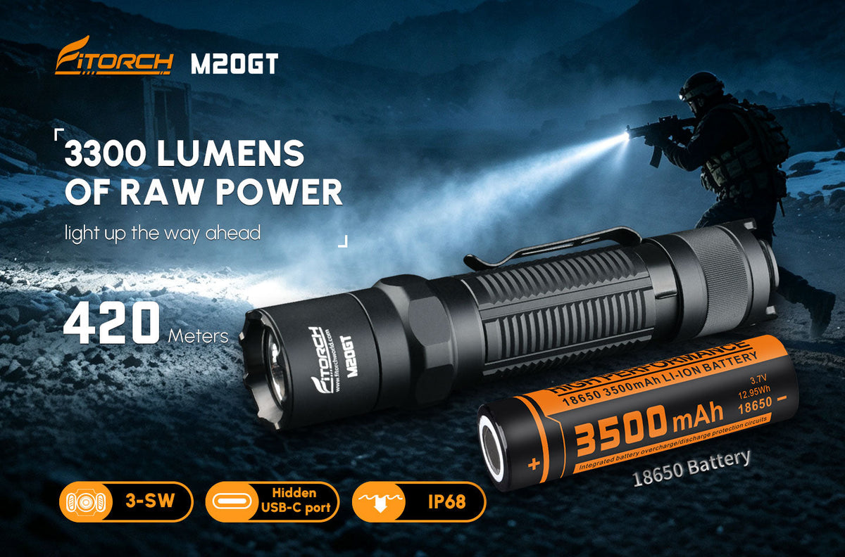 Fitorch（フィトーチ）M20GT タクティカルフラッシュライト 3300ルーメン 420m照射｜USB-C充電 IP68防水 防災・アウトドア
