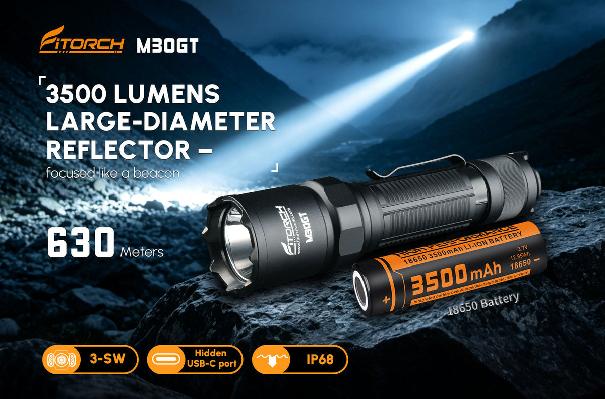 Fitorch（フィトーチ）M30GT タクティカルフラッシュライト 3500ルーメン 630m照射｜USB-C充電 IP68防水 防災・アウトドア