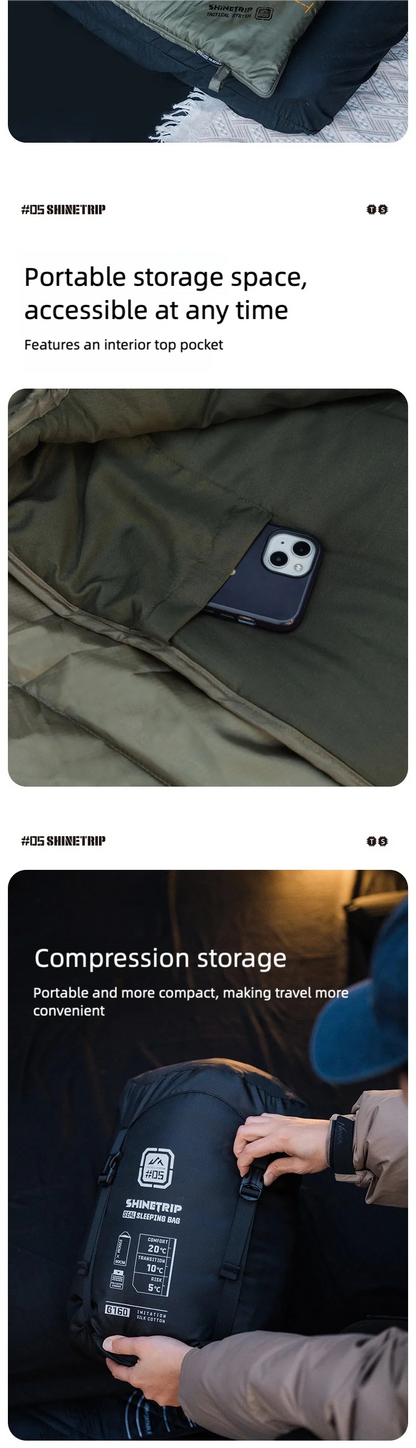 山趣（ShineTrip）05シリーズ シールスリーピングバッグ G160 G230 G300 220×80cm（ブラック／グリーン）