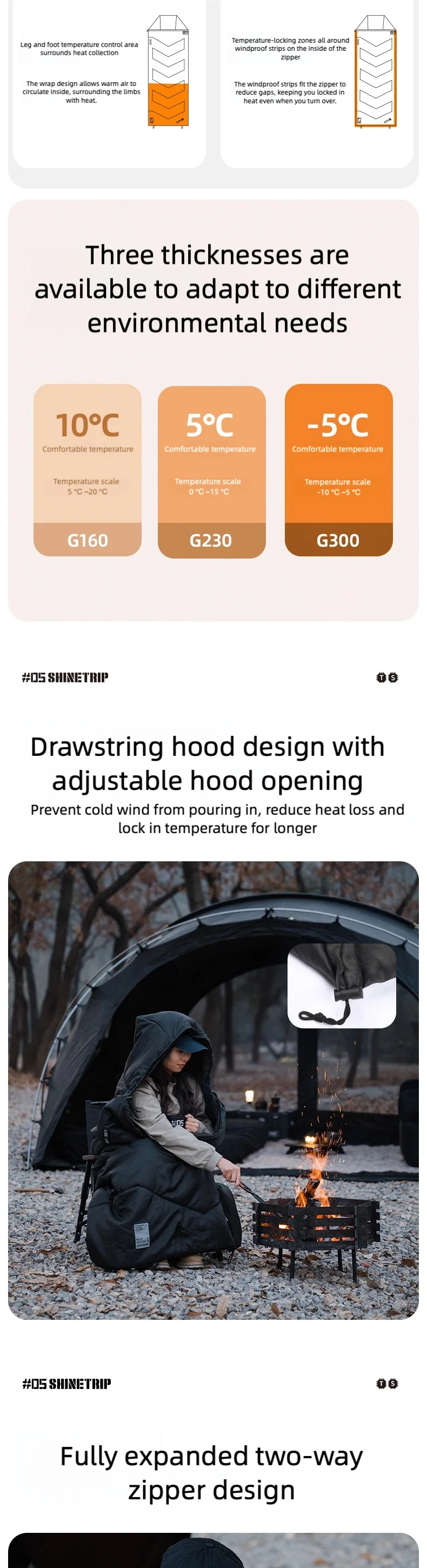 山趣（ShineTrip）05シリーズ シールスリーピングバッグ G160 G230 G300 220×80cm（ブラック／グリーン）