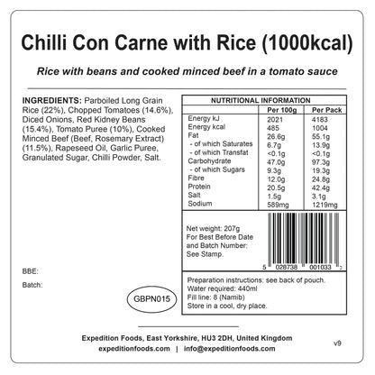 Expedition Foods（エクスペディションフーズ）｜チリコンカーン（1000kcal）｜Chilli Con Carne with Rice｜防災・登山向け高カロリーミール｜SKU:004-5007-1000