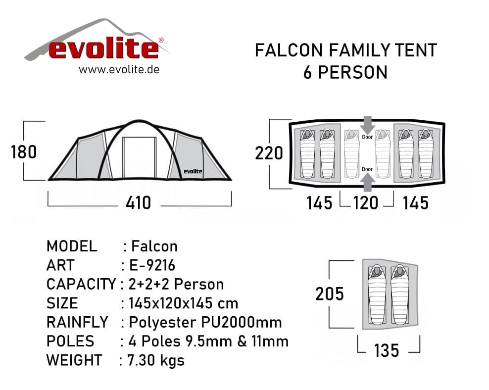 Evolite（エボライト）Falcon 6 Person Family Tent（ファルコン 6人用ファミリーテント）2ベッドルーム ダブルウォール