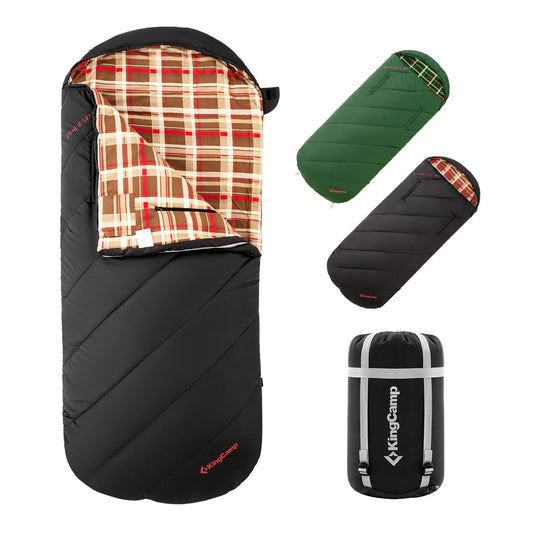 【KingCamp｜キングキャンプ】FREESPACE 300｜封筒型ワイド寝袋｜フランネル裏地・3シーズン対応（ブラック/グリーン）