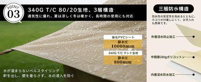 【KingCamp｜キングキャンプ】T/C Camping Tent 500｜カーキ｜5mワンポールテント（薪ストーブ対応・二重層構造）