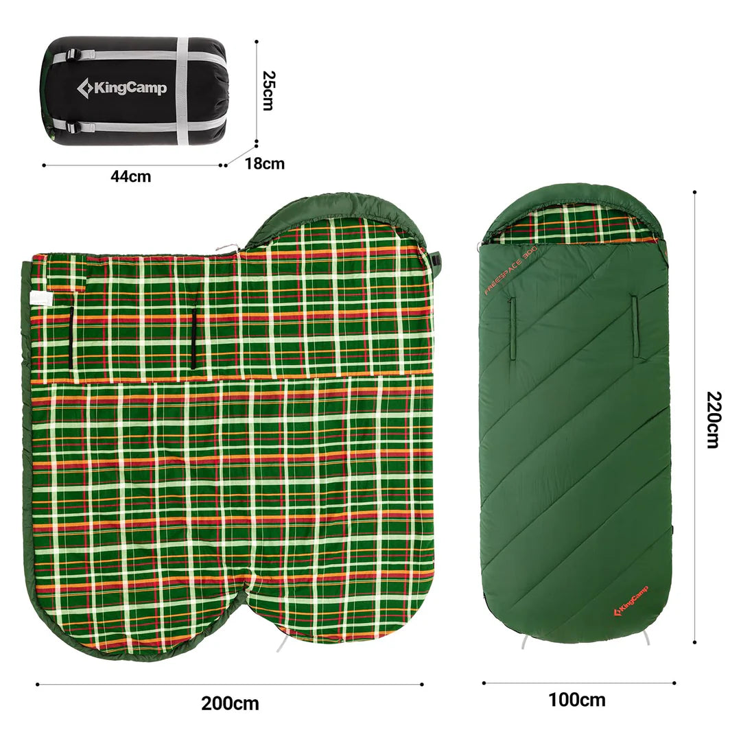 【KingCamp｜キングキャンプ】FREESPACE 300｜封筒型ワイド寝袋｜フランネル裏地・3シーズン対応（ブラック/グリーン）