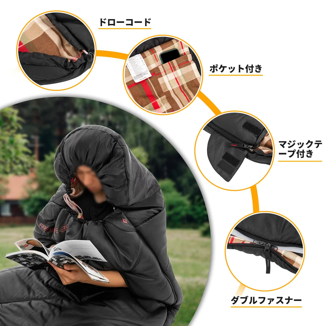 【KingCamp｜キングキャンプ】FREESPACE 300｜封筒型ワイド寝袋｜フランネル裏地・3シーズン対応（ブラック/グリーン）