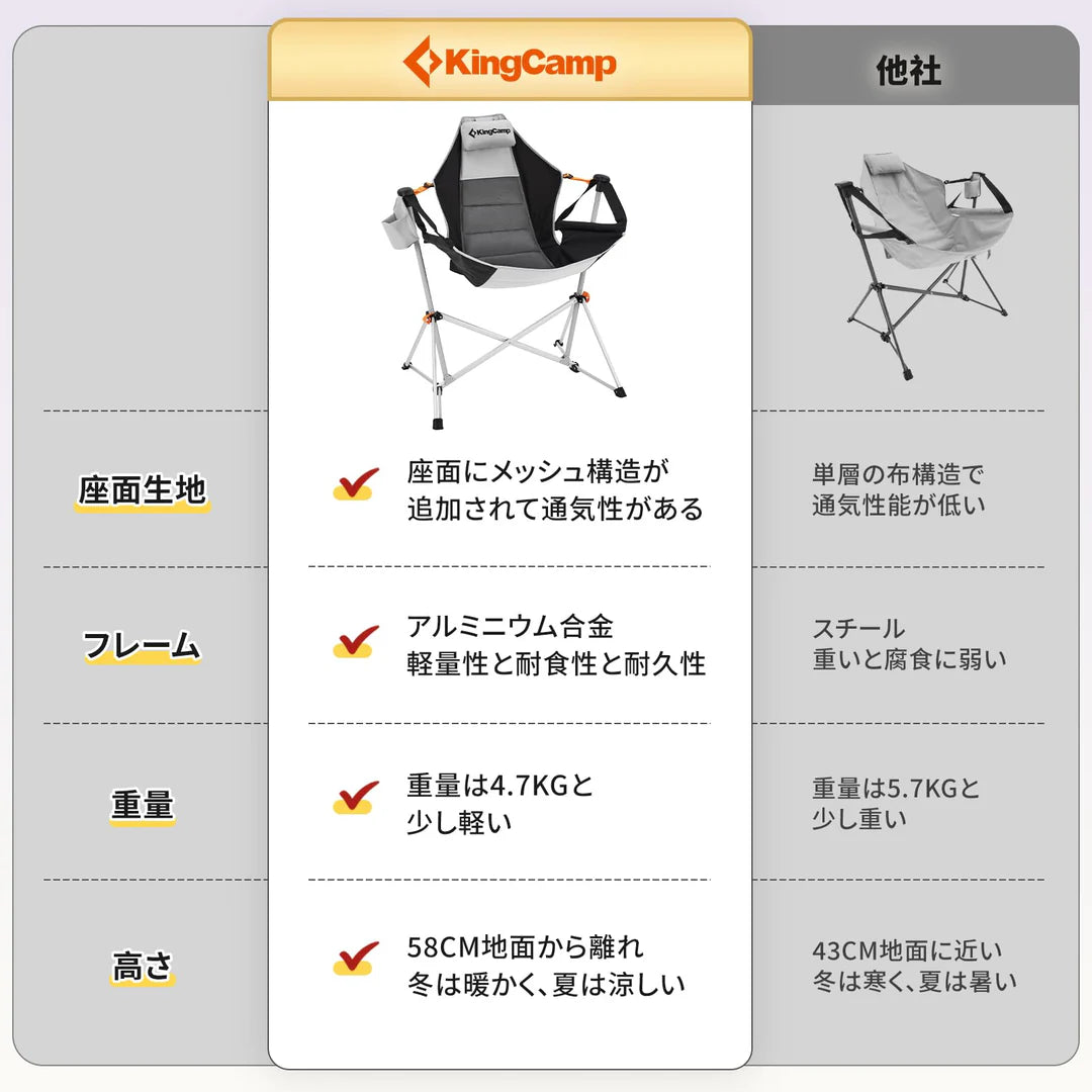 【KingCamp｜キングキャンプ】ORCHID C10 ハンモックロッキングチェア｜折りたたみ式 揺り椅子 肘掛け・枕付き