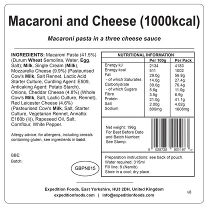 Expedition Foods（エクスペディションフーズ）  ｜マカロニ＆チーズ（1000kcal） ｜Macaroni and Cheese ｜SKU: 004-5011-1000