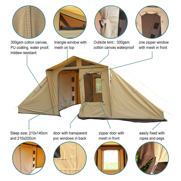 プレイドゥ 2ルームロッジ型テント 5-6人用 TCテント コットンキャンバス ビンテージテント 家型テント 大型テント PlayDo 2 Room Cotton Canvas Tent