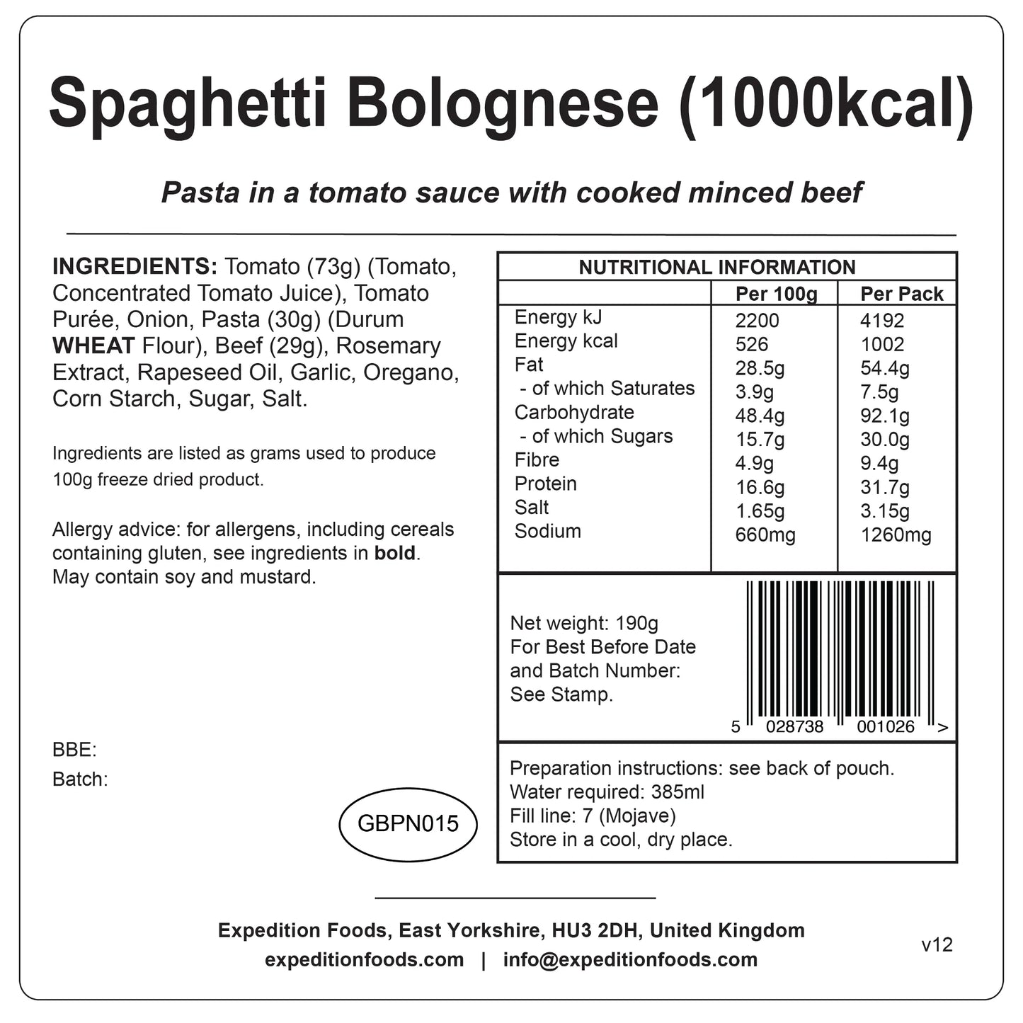 Expedition Foods（エクスペディションフーズ）｜スパゲッティボロネーゼ（1000kcal）｜Spaghetti Bolognese｜防災・登山向け高カロリーミール｜SKU:004-5017-1000