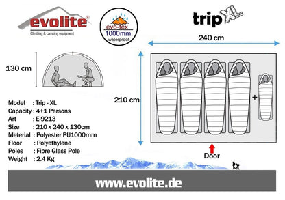 Evolite（エボライト）Trip XL Mono Dome 4+1 Person Tent（トリップ XL モノドーム 4＋1人用テント）3シーズン ドームテント E-9213