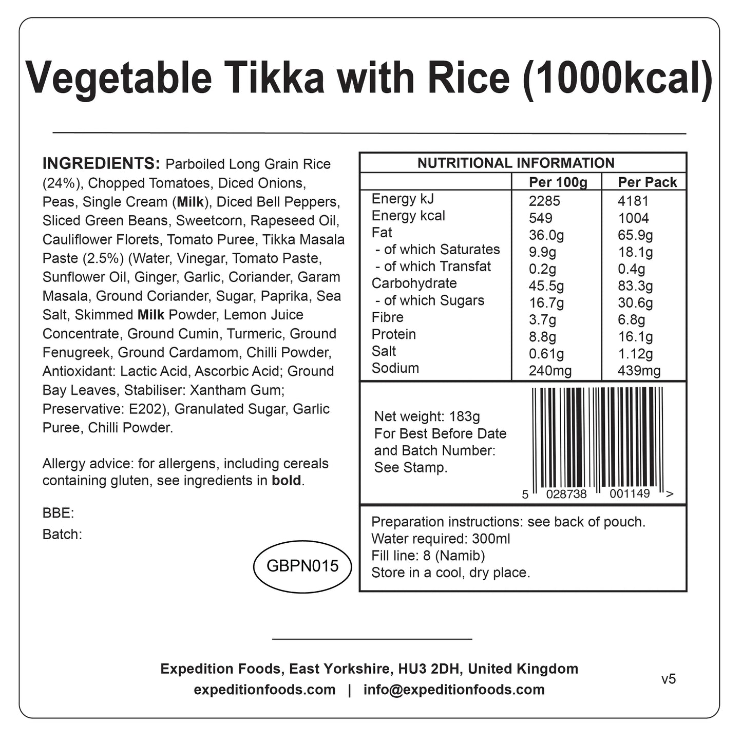 Expedition Foods（エクスペディションフーズ）｜ベジタブルティッカ（1000kcal）｜Vegetable Tikka with Rice｜SKU:004-5022-1000