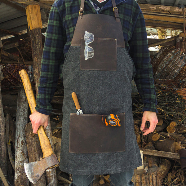 ビーバークラフト ブラウンキャンバス レザーホイットリング付き エプロン 本革 Beaver Craft Brown canvas with Leather Whittling Apron