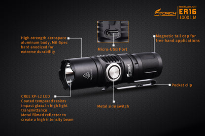 Fitorch ER16 Mini rechargeable side switch LED flashlight フィトーチ ミニLEDフラッシュライト 充電式 LED懐中電灯 1000ルーメン