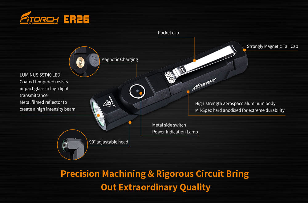 Fitorch ER26 HEAD ADJUSTABLE FLASHLIGHT MAGNETIC CHARGING RECHARGEABLE FLASHLIGHT フィトーチ LEDフラッシュライト ヘッド調整可能 マグネット式充電 1380ルーメン