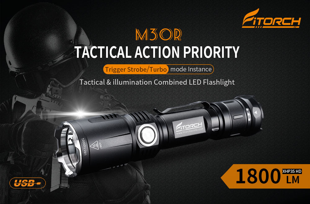 Fitorch M30R TACTICAL AND NORMAL ILLUMINATION COMBINED フィトーチ タクティカル LEDフラッシュライト 式充電 懐中電灯 1800ルーメン