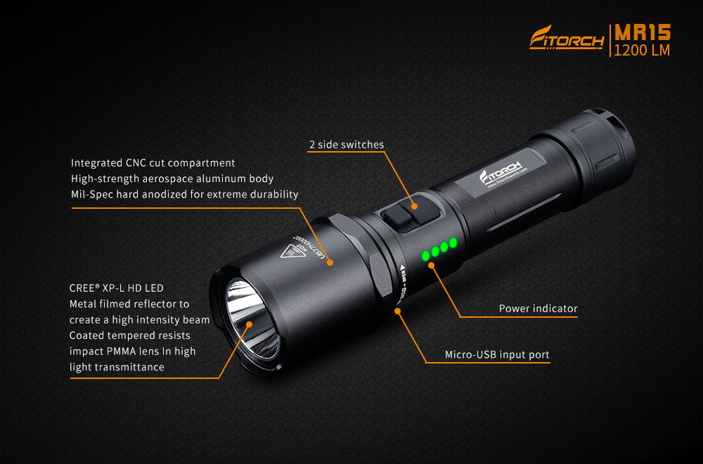 Fitorch MR15 RECHARGEABLE LED FLASHLIGHT XP-L LED フィトーチ 充電式LED懐中電灯 LEDフラッシュライト 1200ルーメン