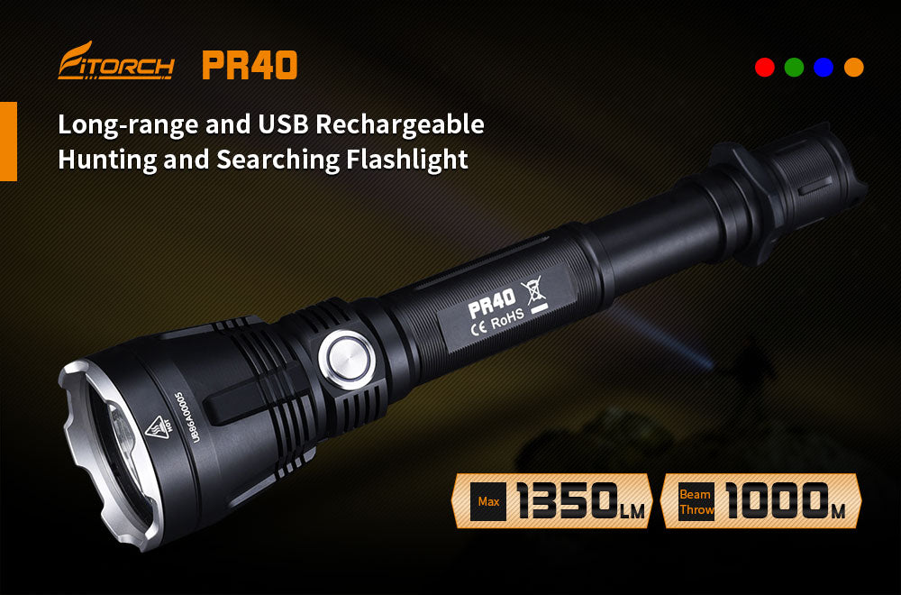 Fitorch PR40 LONG-RANGE FLASHLIGHT BEAM THROW 1000 METERS フィトーチ 最大1000メートル照射 ロングレンジ LEDフラッシュライト 式充電 懐中電灯 1350ルーメン